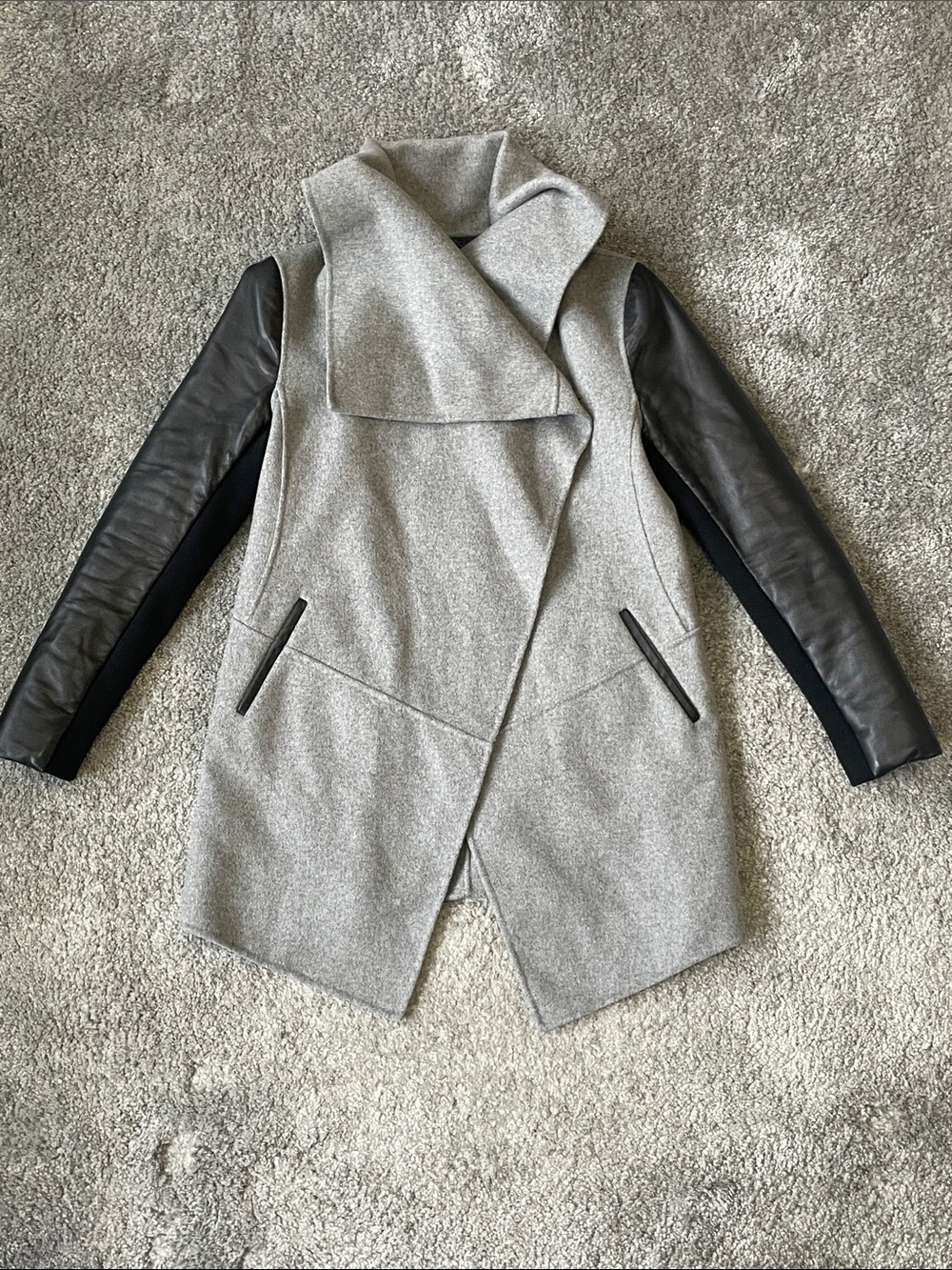 EC Mackage Vane Gray Wool Trench with Black Leather Sleeves - Size XS